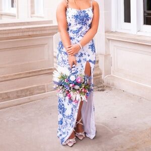 Sherri Hill Blue and White Floral Prom Dress